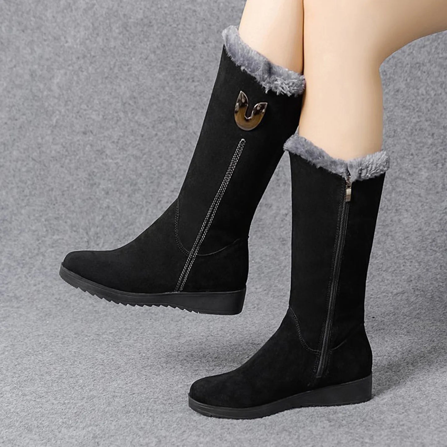 Warm Chelsea High Fur Boots Women 2023 Winter Shoes for Women Chunky Mid-calf Plush Snow Flat Boots