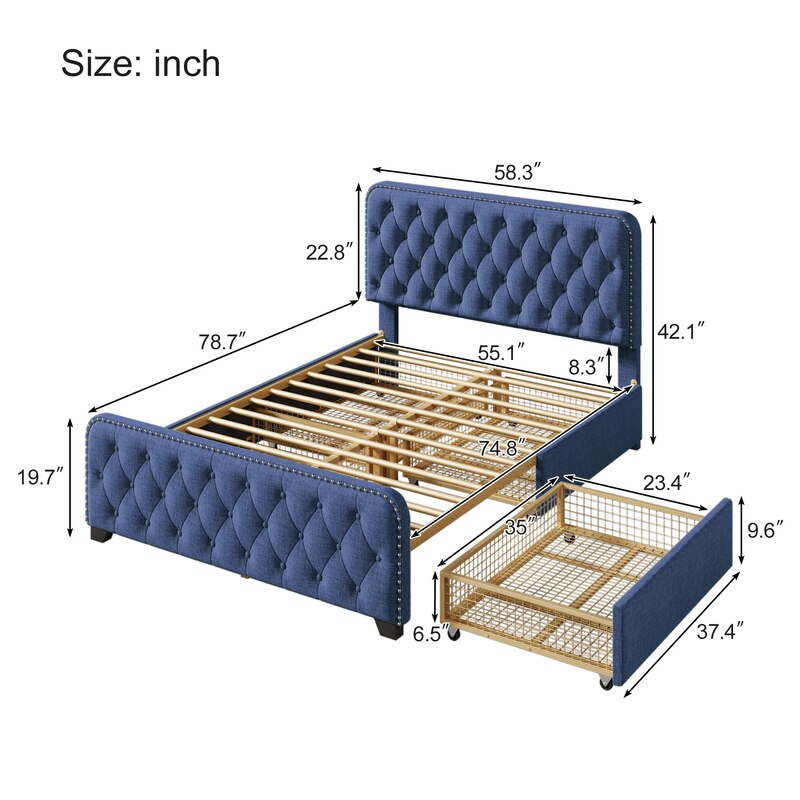 Upholstered Platform Bed Frame,Four Drawers,Button Tufted Headboard&Footboard Metal Support, Beige/blue,Queen/full/king