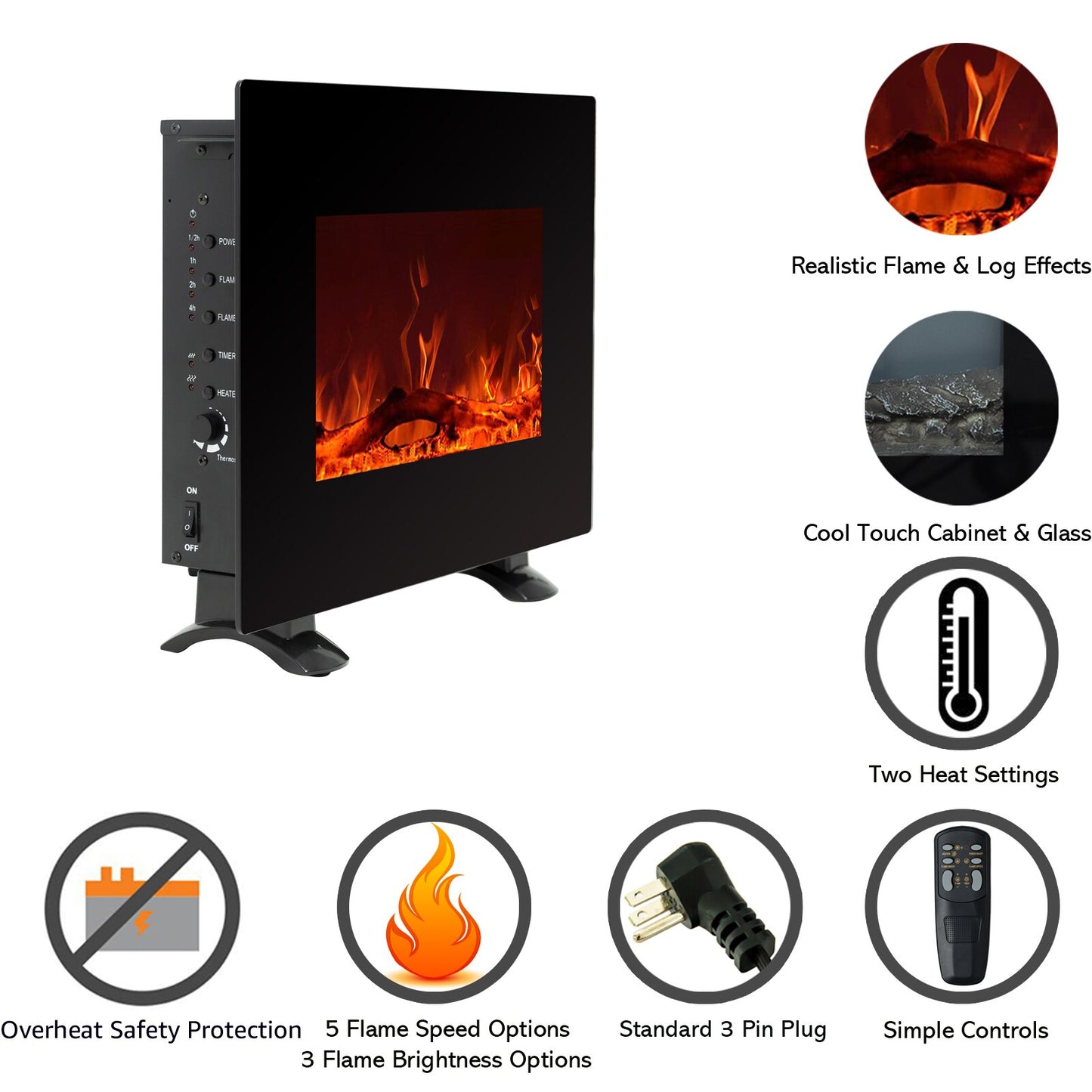 22 Inch Wide Electric Fireplace, Wall Mounted or Freestanding Portable Room Heater with Remote and Thermostat