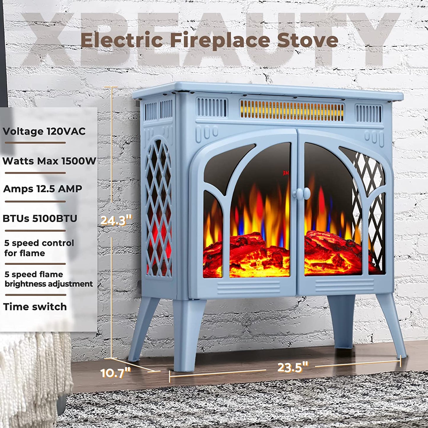 AGLUCKY Electric Fireplace Stove 3D Flame Effect Freestanding Heater Portable Electric Fireplace Heater Indoor Heater Remote