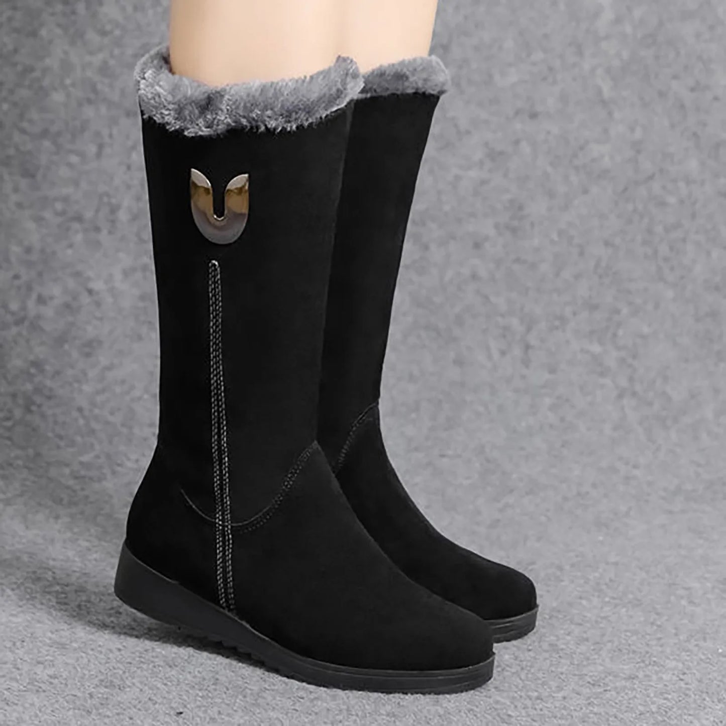 Warm Chelsea High Fur Boots Women 2023 Winter Shoes for Women Chunky Mid-calf Plush Snow Flat Boots