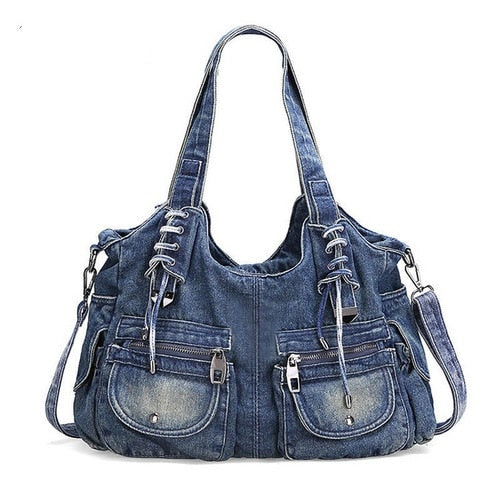 New in Large Capacity Handbag Denim Bag Casual Women Shoulder Bag Jeans Tote Bag Pockets Hobo Bag