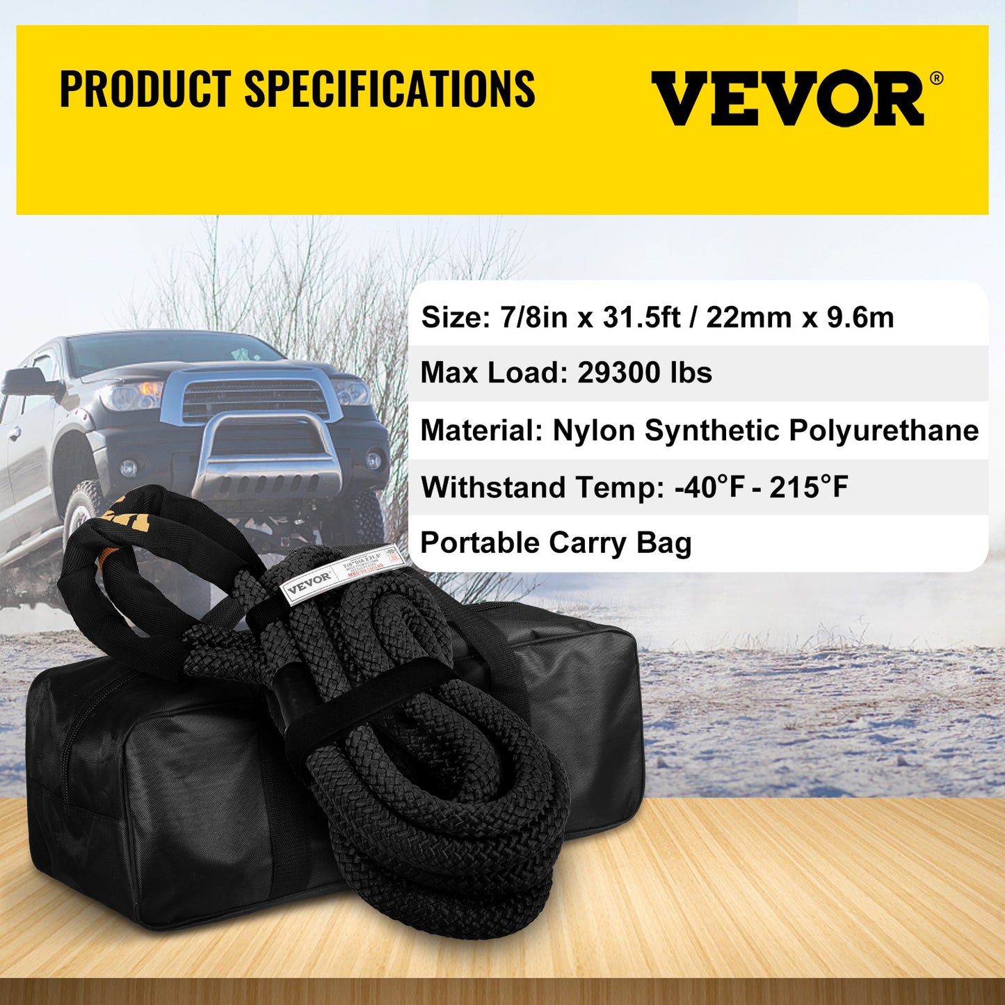 VEVOR Recovery Tow Rope Heavy Duty Nylon Double Braided Kinetic Energy Rope w/ Loops an and Protective Sleeves for Truck ATV UTV