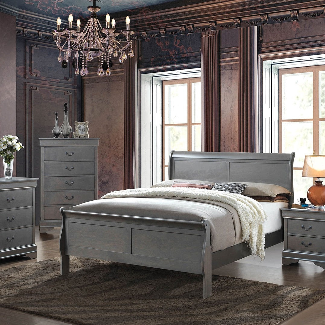 Classic Contemporary Queen Size Bed Gray Louis Phillipe Solidwood 1pc Bed Bedroom Sleigh Bed