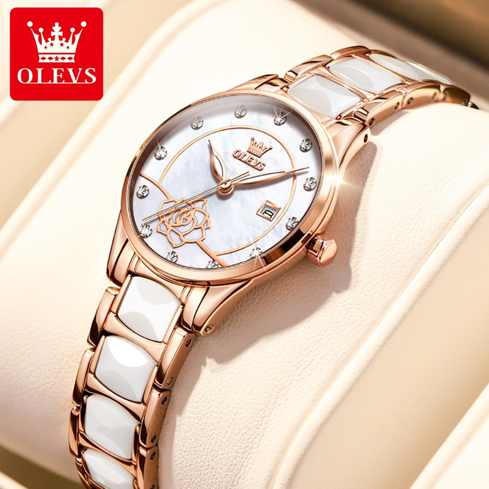 OLEVS Luxury Quartz Watch Women Japan Movement 28MM Dial Elegant Ceramics Wateproof Women Wristwatches Gift for Valentines Day