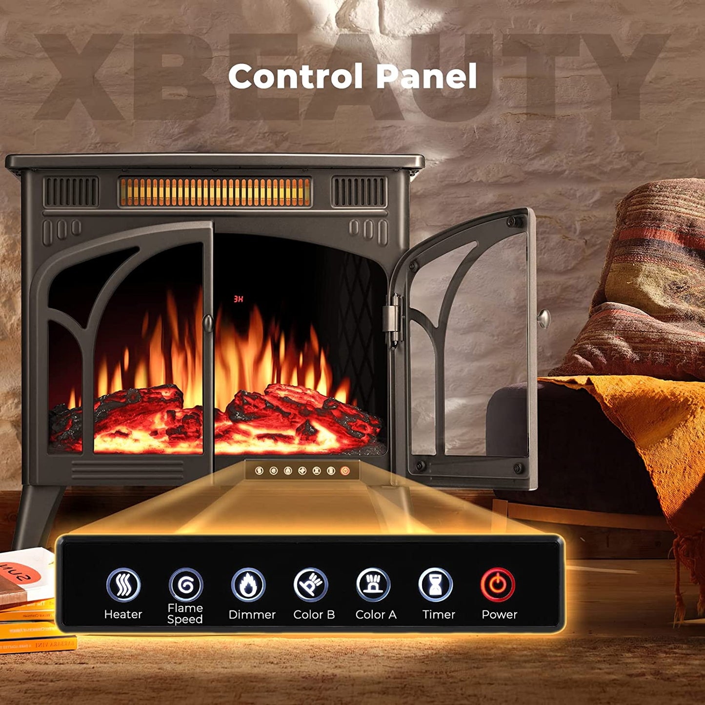 AGLUCKY Electric Fireplace Stove 3D Flame Effect Freestanding Heater Portable Electric Fireplace Heater Indoor Heater Remote