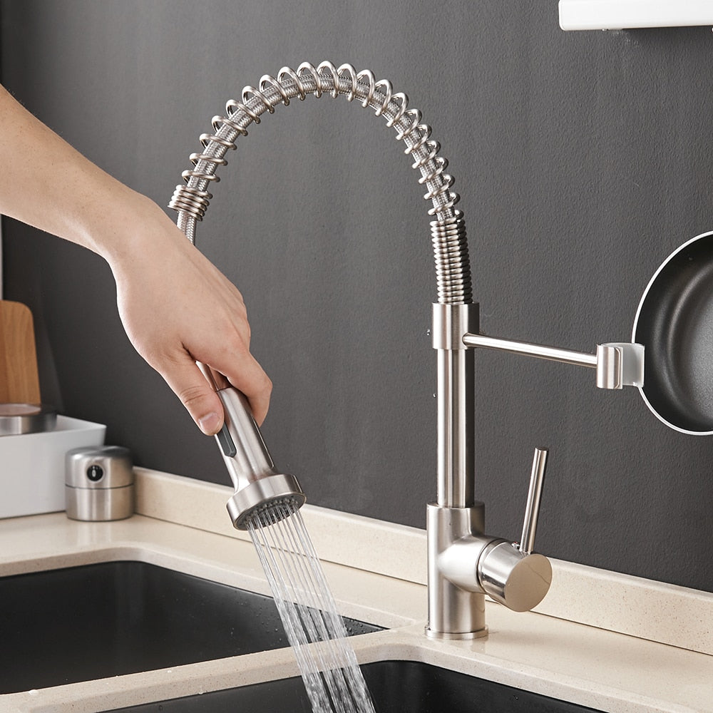 Kitchen Faucets Brush Brass Faucets for Kitchen Sink  Single Lever Pull Out Spring Spout Mixers Tap Hot Cold Water Crane 9009