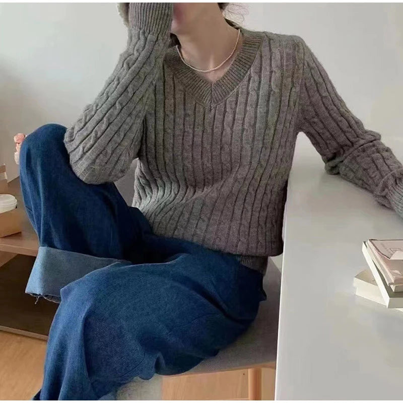 Chic Casual Cropped Pullovers Lady Sweater V-neck Slim Solid Women Jumper Fall Winter All Match Long Sleeve Twist Knitted Top