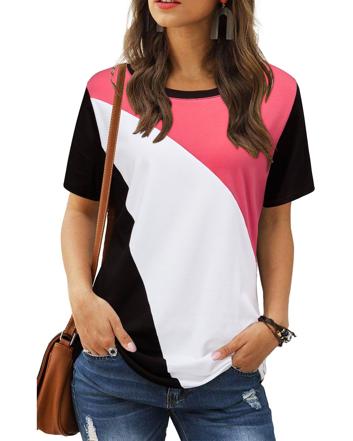 OUGES Womens Short Sleeve T Shirts Casual Round Neck Triple Color Block Patchwork Blouse Summer Tunic Tops