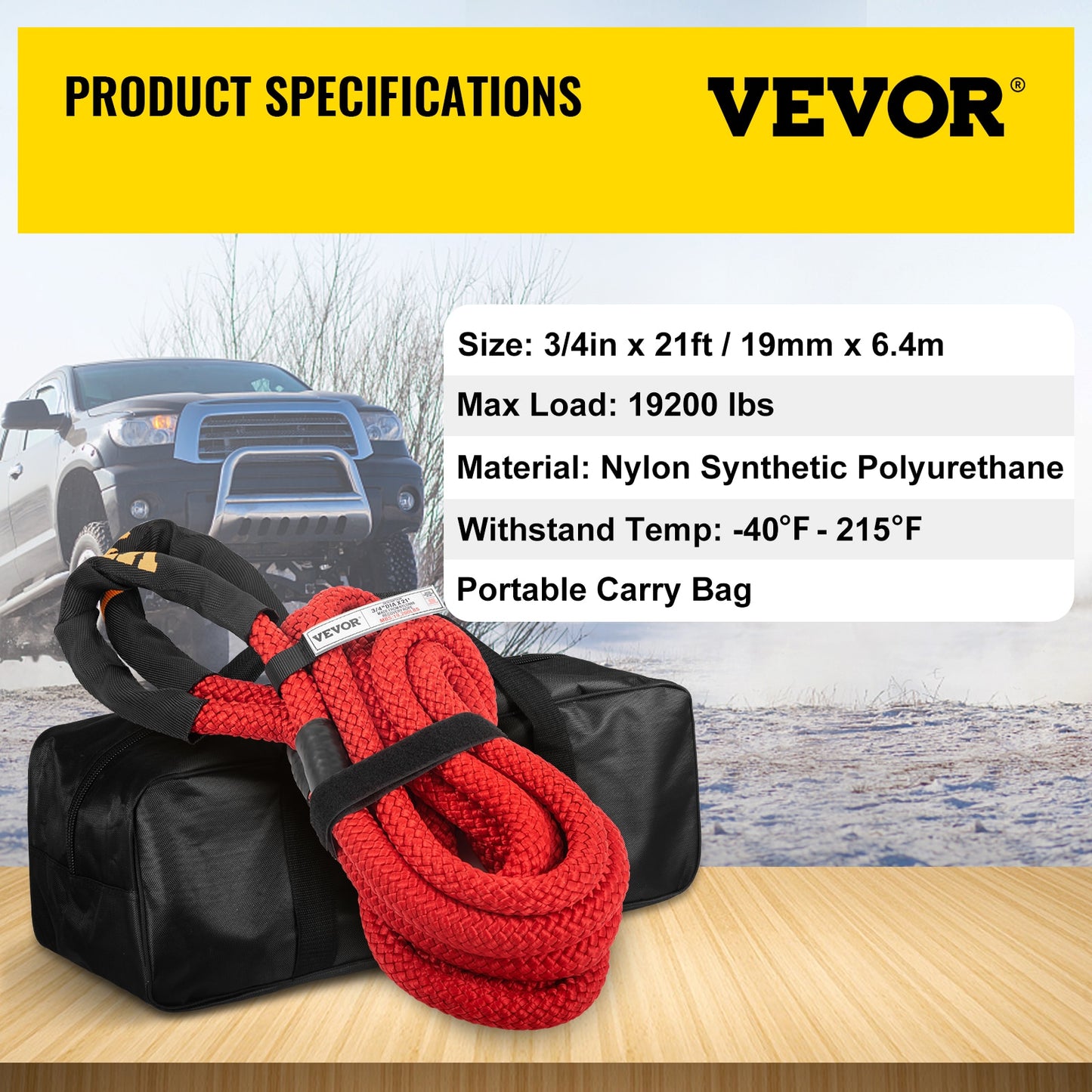 VEVOR Recovery Tow Rope Heavy Duty Nylon Double Braided Kinetic Energy Rope w/ Loops an and Protective Sleeves for Truck ATV UTV