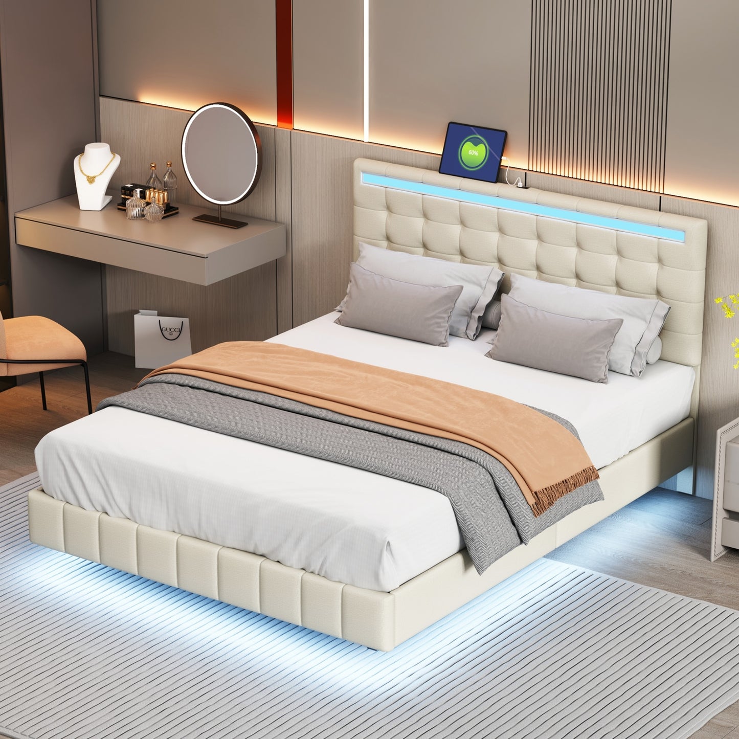 Queen Size Floating PU/Linen Bed Frame W/LED Lights&USB Charging Modern Upholstered Platform Bed Black/White