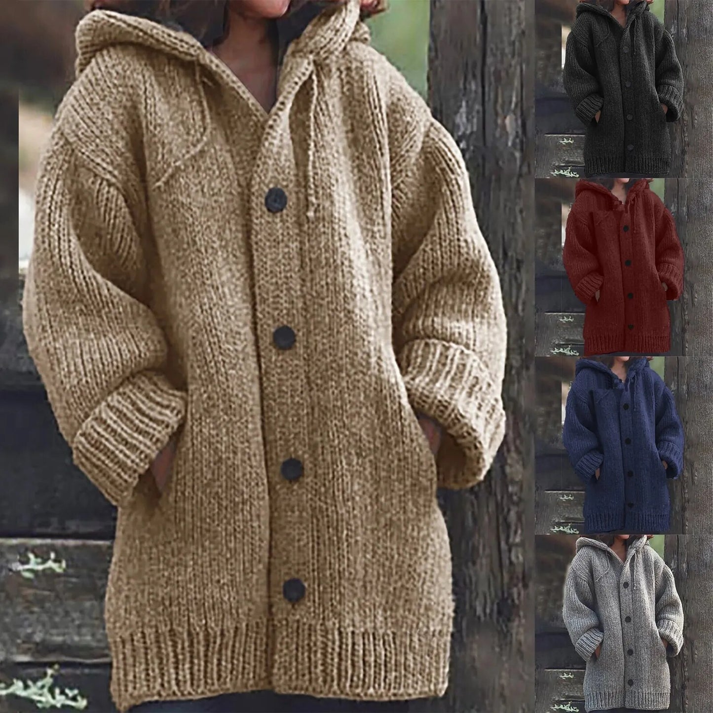 Solid color cardigan sweater for women plush and thick autumn and winter hooded and minimalist jacket Pocket Shawl