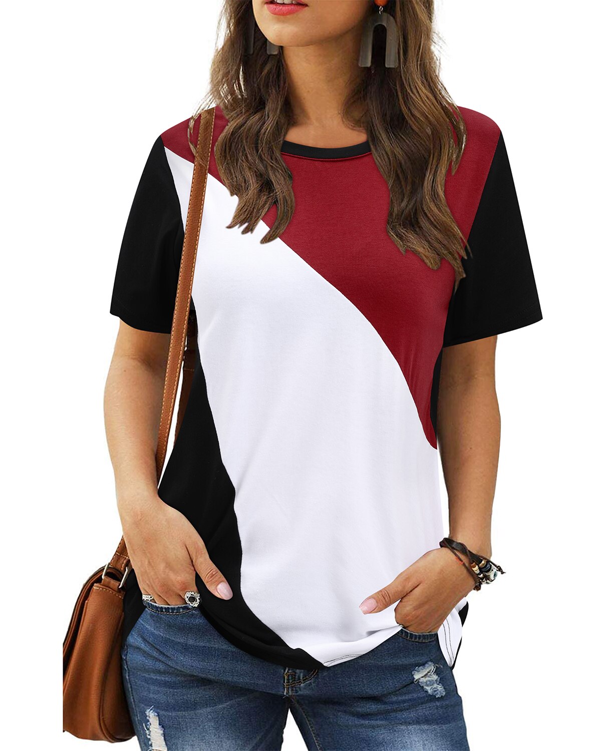 OUGES Womens Short Sleeve T Shirts Casual Round Neck Triple Color Block Patchwork Blouse Summer Tunic Tops