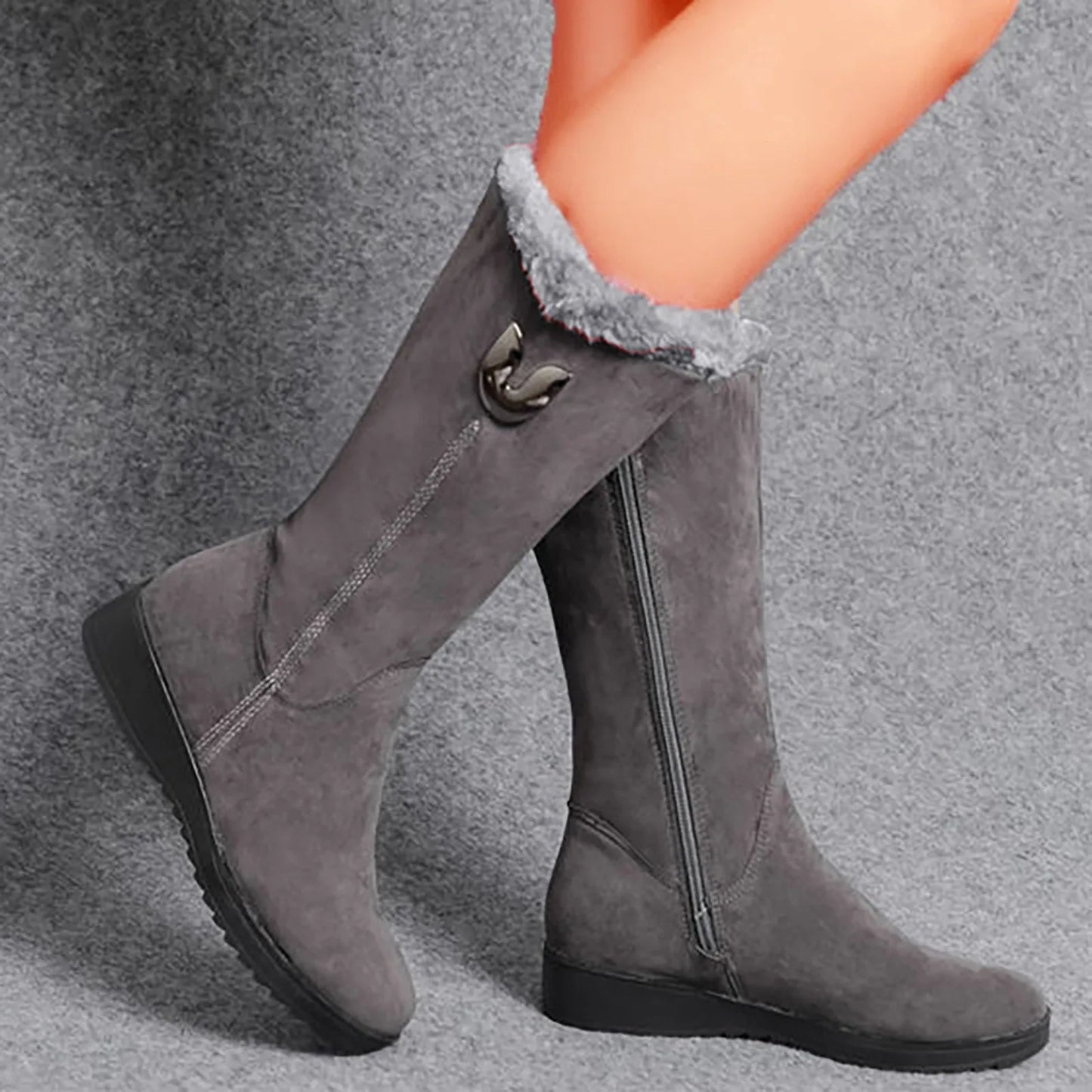 Warm Chelsea High Fur Boots Women 2023 Winter Shoes for Women Chunky Mid-calf Plush Snow Flat Boots