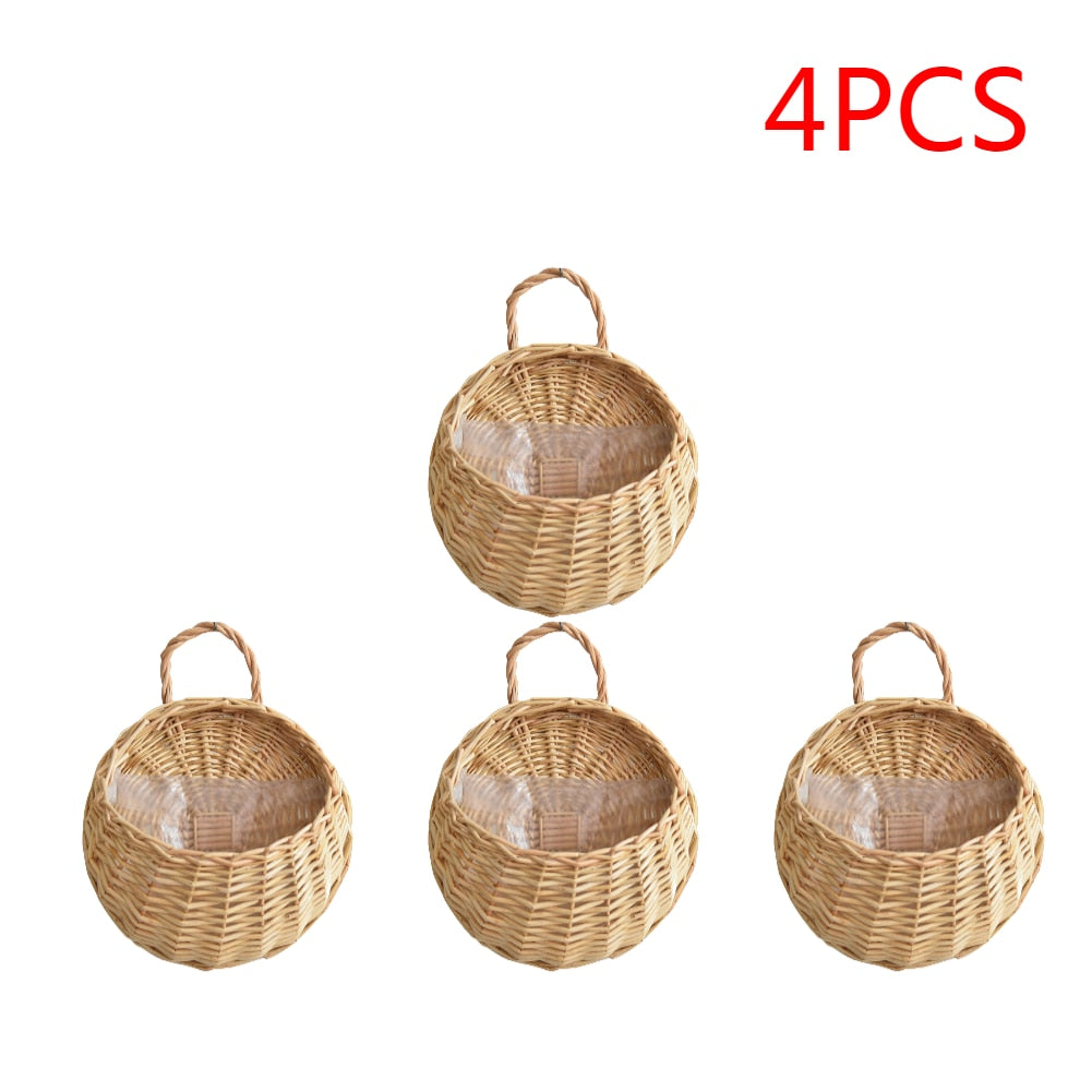 1-4PCS Hanging Planter Wall Mounted Handmade Wicker Flower Pot Hanging Woven Rattan Flower Plant Basket Balcony Garden Decor