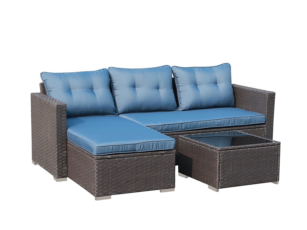 JARDINA 3PCS Outdoor Patio Furniture Sofa Set All-Weather Wicker Rattan with Cushions Tempered Glass Coffee Table