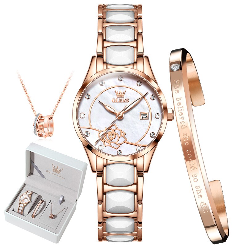 OLEVS Luxury Quartz Watch Women Japan Movement 28MM Dial Elegant Ceramics Wateproof Women Wristwatches Gift for Valentines Day