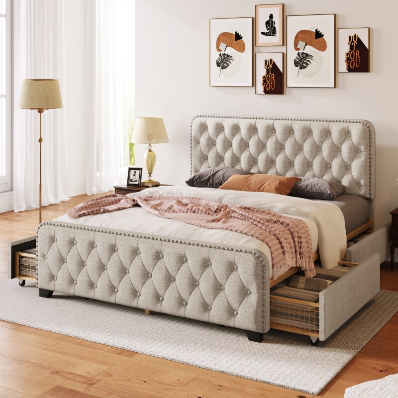 Upholstered Platform Bed Frame,Four Drawers,Button Tufted Headboard&Footboard Metal Support, Beige/blue,Queen/full/king