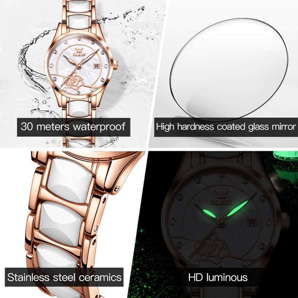 OLEVS Luxury Quartz Watch Women Japan Movement 28MM Dial Elegant Ceramics Wateproof Women Wristwatches Gift for Valentines Day