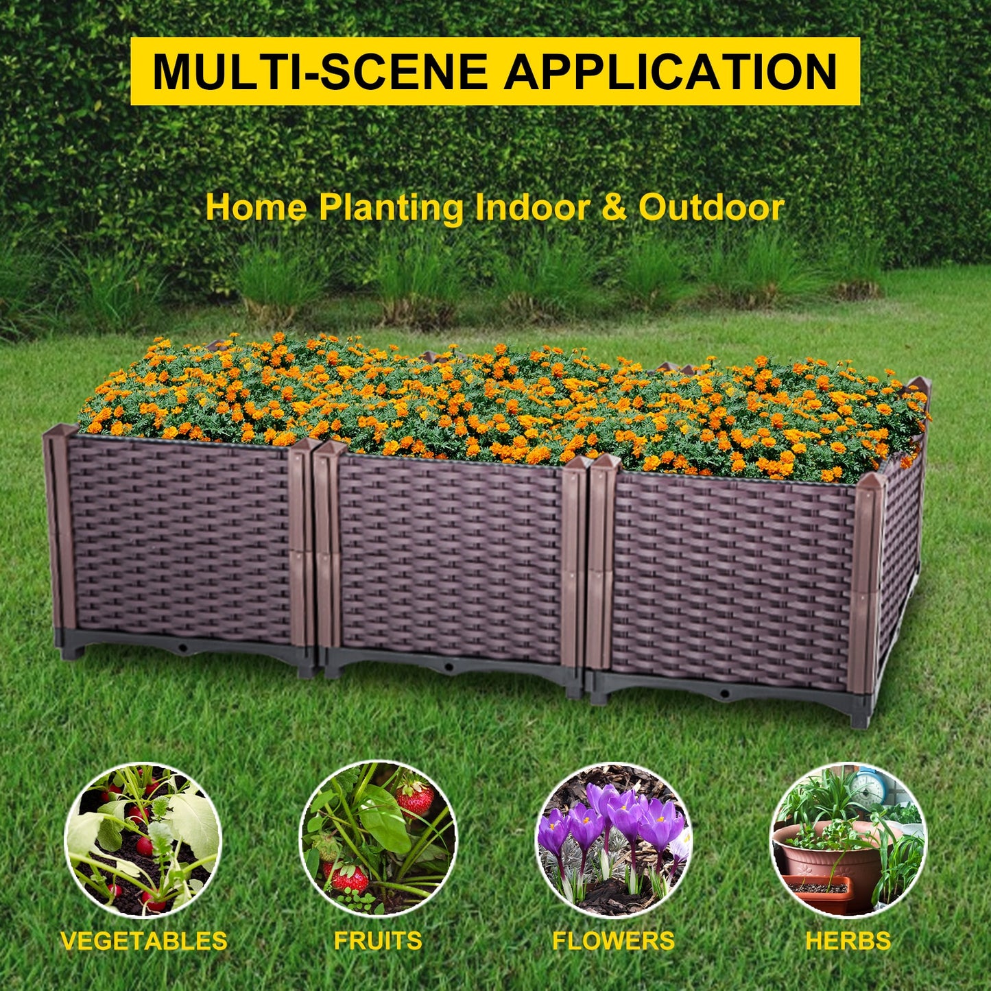 VEVOR Plastic Raised Garden Beds In/Outdoor 20.5 H/14.5 H Flower Box Kit Brown Rattan Style Grow Planter Care Box Set of 3/4