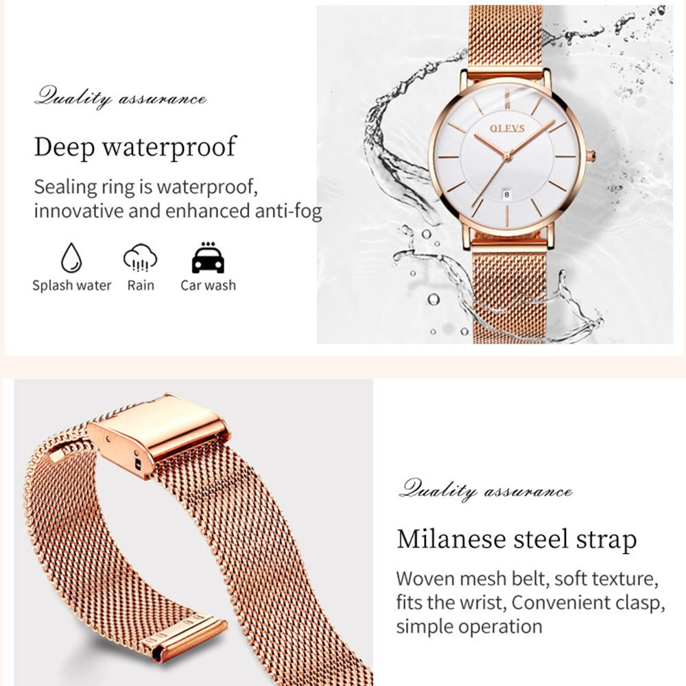 OLEVS Womens Watches Waterproof Stainless Steel Mesh Belt Ladies Watch Quartz Ultrathin Wristwatch Fashion Quartz Ladies Watch