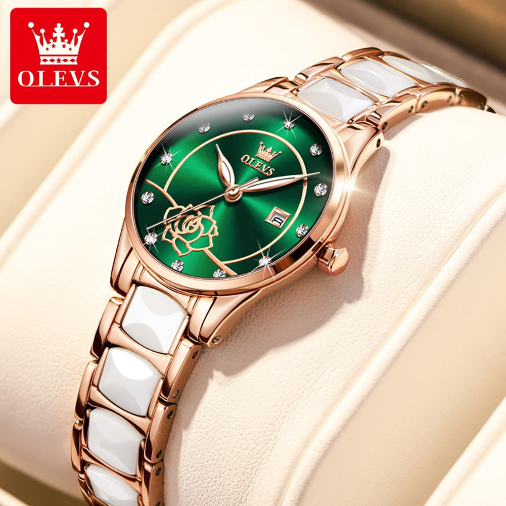 OLEVS Luxury Quartz Watch Women Japan Movement 28MM Dial Elegant Ceramics Wateproof Women Wristwatches Gift for Valentines Day