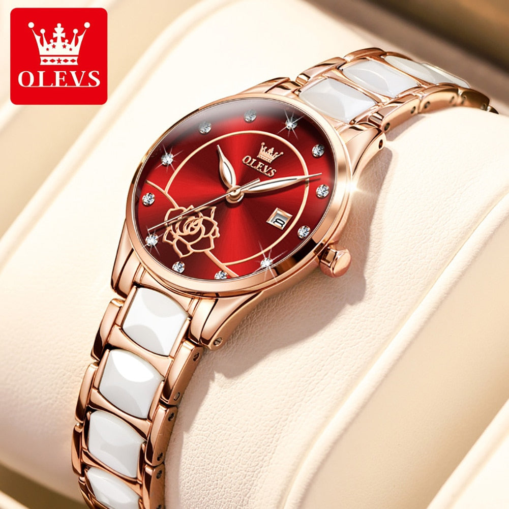 OLEVS Luxury Quartz Watch Women Japan Movement 28MM Dial Elegant Ceramics Wateproof Women Wristwatches Gift for Valentines Day