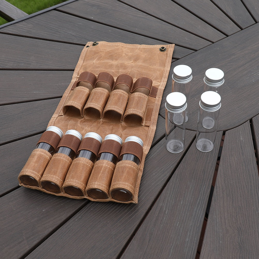 Outdoor Camping Spice Bottle Bags Set Portable Camping Picnic Seasoning Bottles Storage Bag Condiment Jar Cruet Holder Canvas