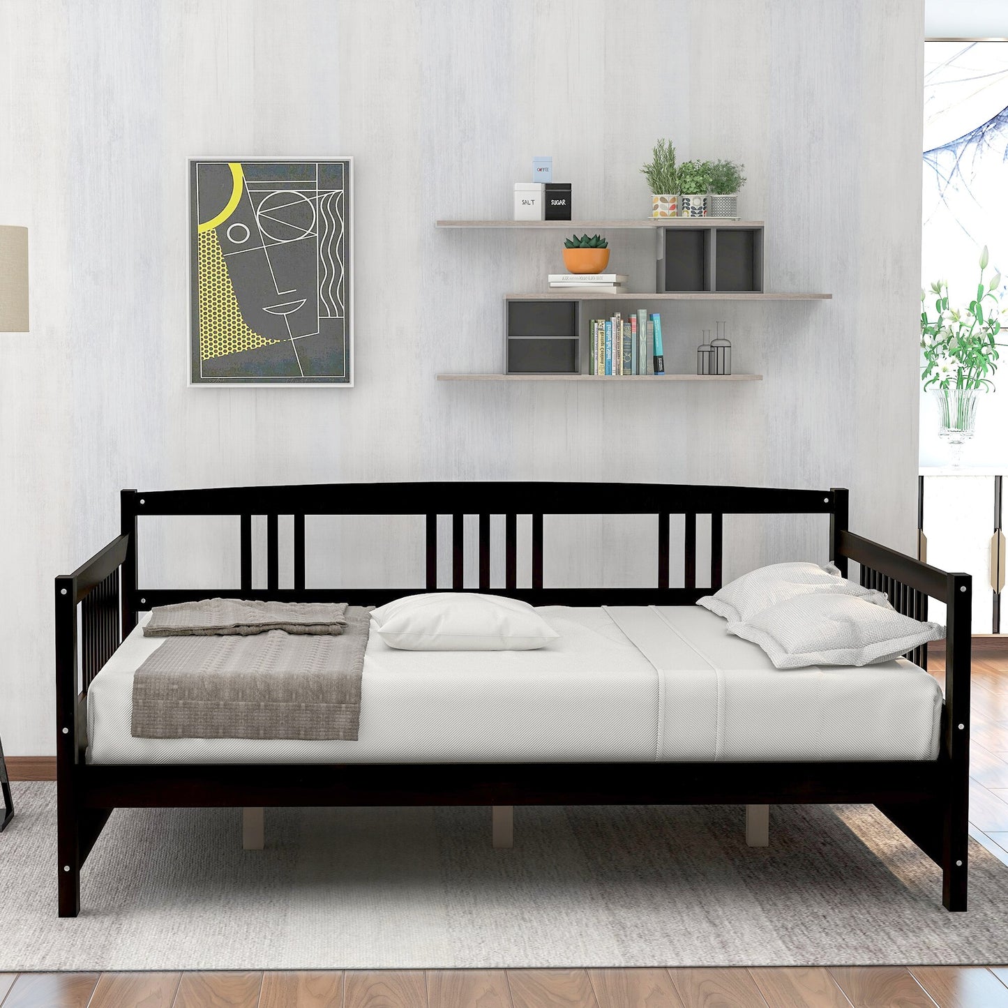 Wood Daybed Twin/Full Size Bed Frame with 10 Slats Support Legs 78.3&Wx57&Dx34H White/Espresso