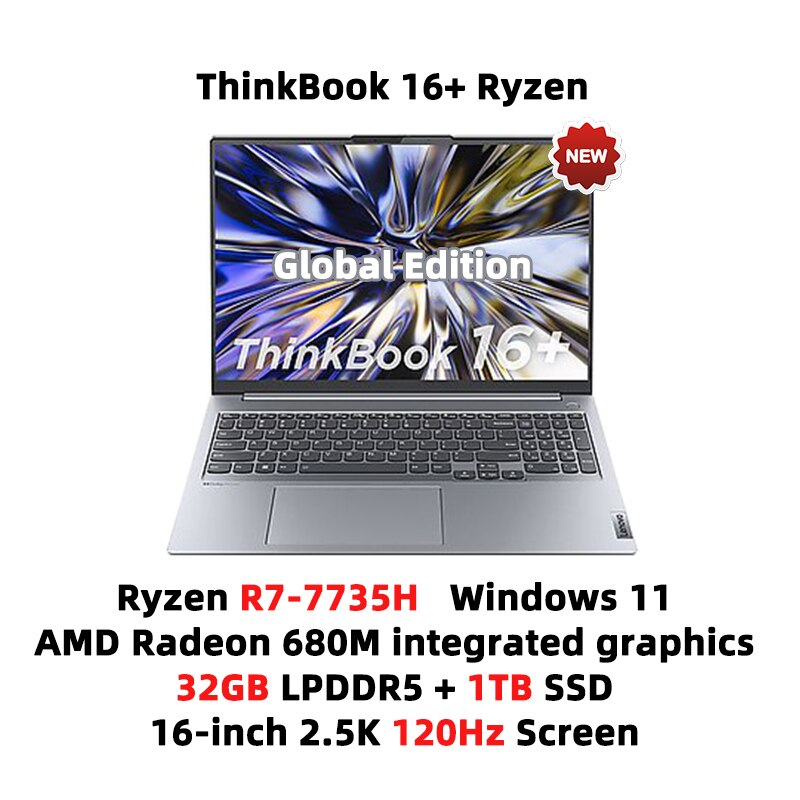 New Lenovo ThinkBook 16+ Laptop Ryzen R7 7735H AMD 16GB/32GB RAM 512G/1T/2TB SSD 16-Inch 2.5K 120Hz Screen Slim Notebook PC