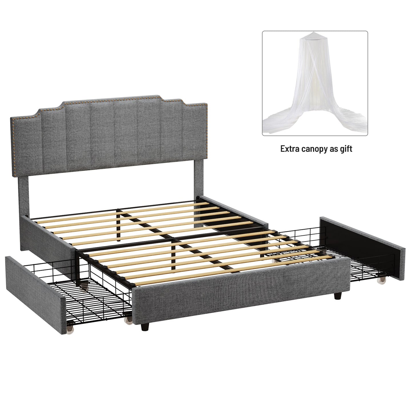 Queen Size Upholstered Platform Bed Linen Bed Frame with 2 Drawers Stitched Padded Headboard with Rivets Design Strong Bed Slats