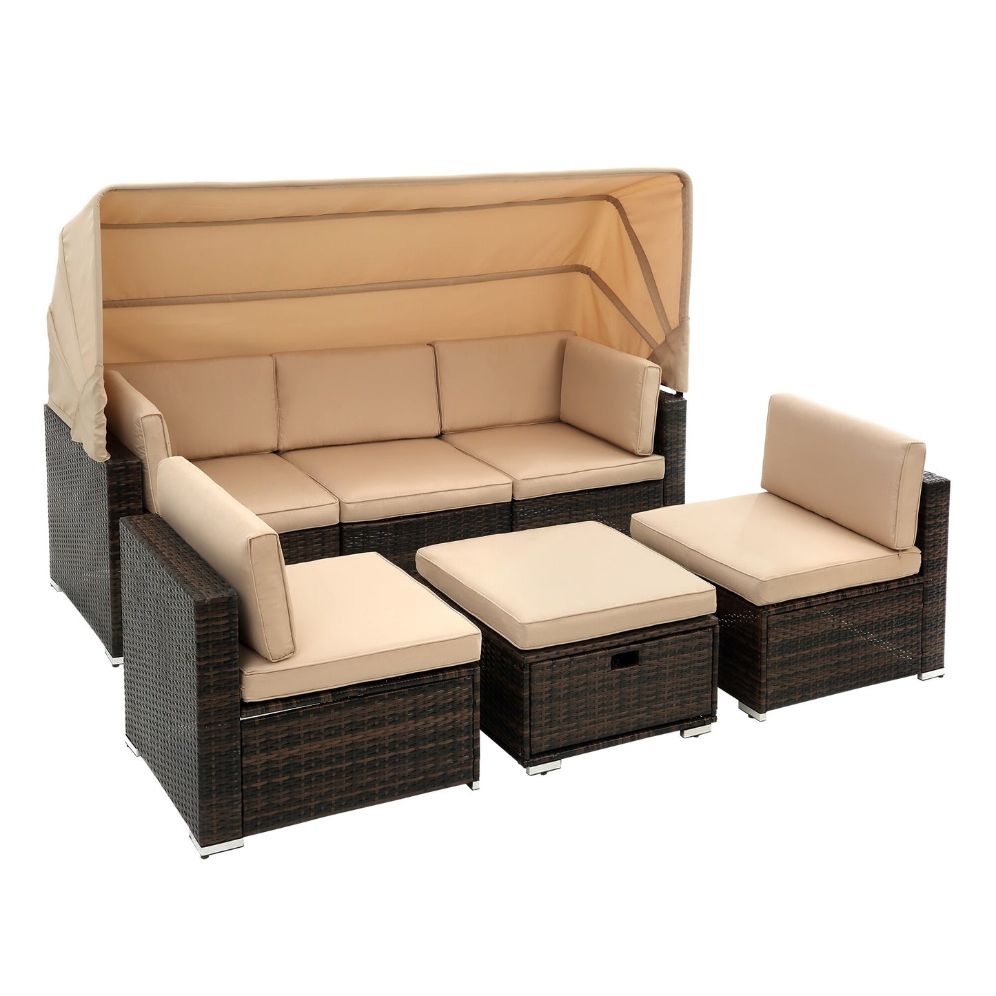 7Pcs Outdoor Garden Patio Furniture PE Rattan Wicker Sectional Cushioned Sofa Sets with 2 Pillows and Coffee Table with roof