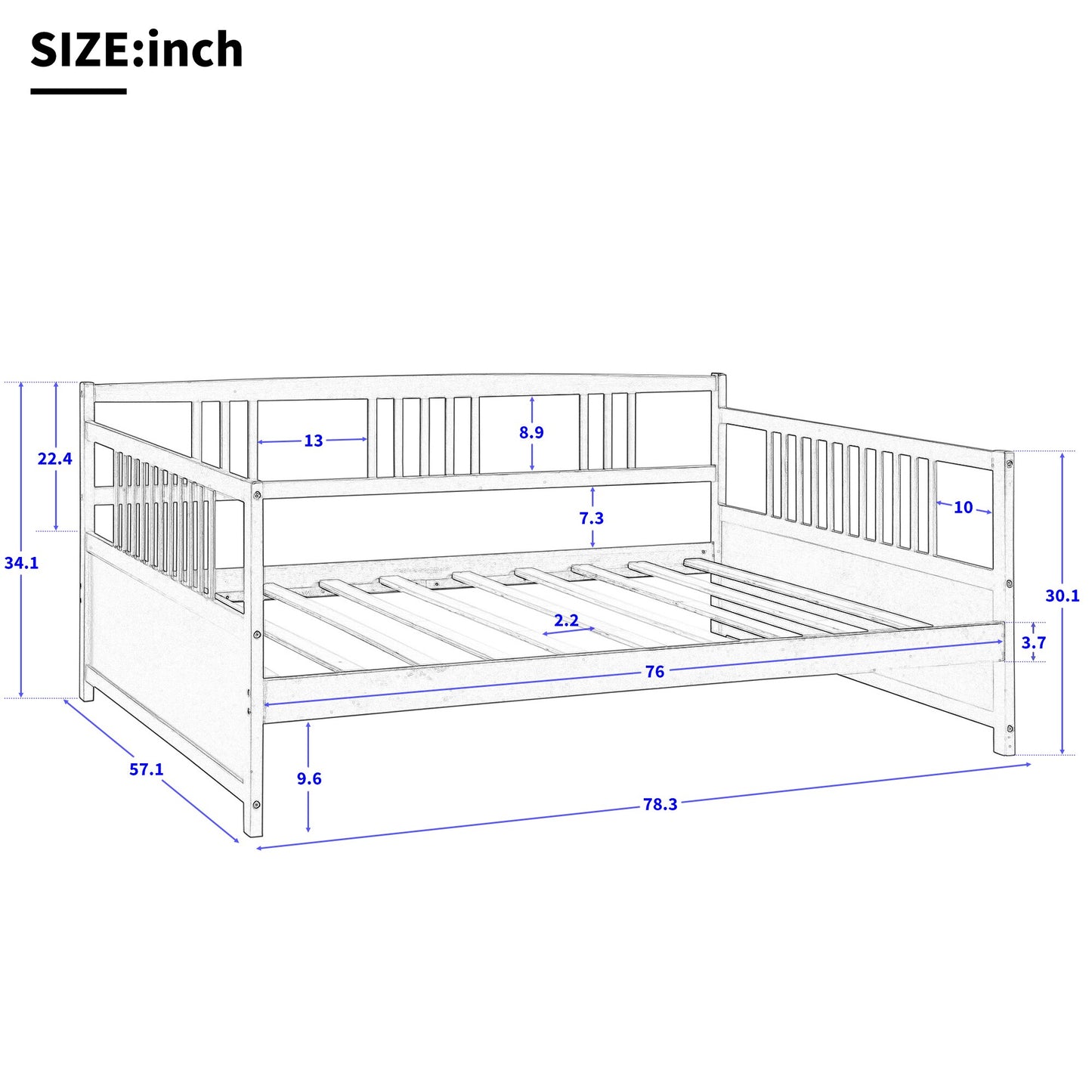 Wood Daybed Twin/Full Size Bed Frame with 10 Slats Support Legs 78.3&Wx57&Dx34H White/Espresso