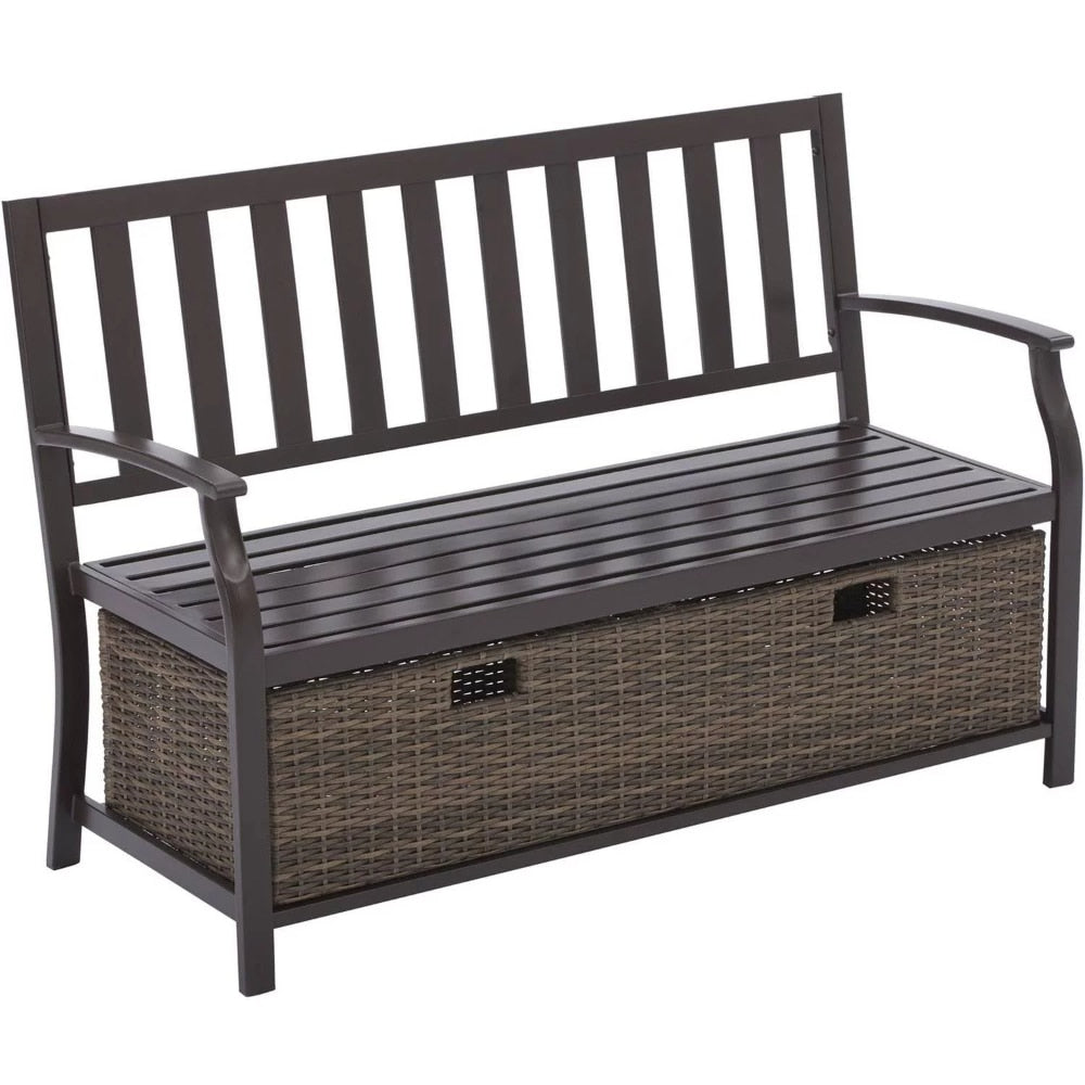 Outdoor Storage Wicker Bench - Brown Garden Bench Outdoor