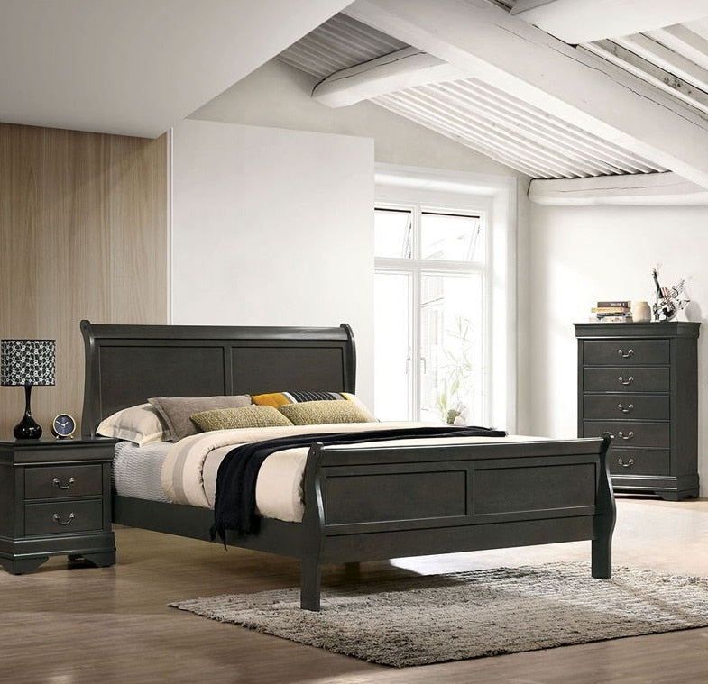 Classic Contemporary Queen Size Bed Gray Louis Phillipe Solidwood 1pc Bed Bedroom Sleigh Bed