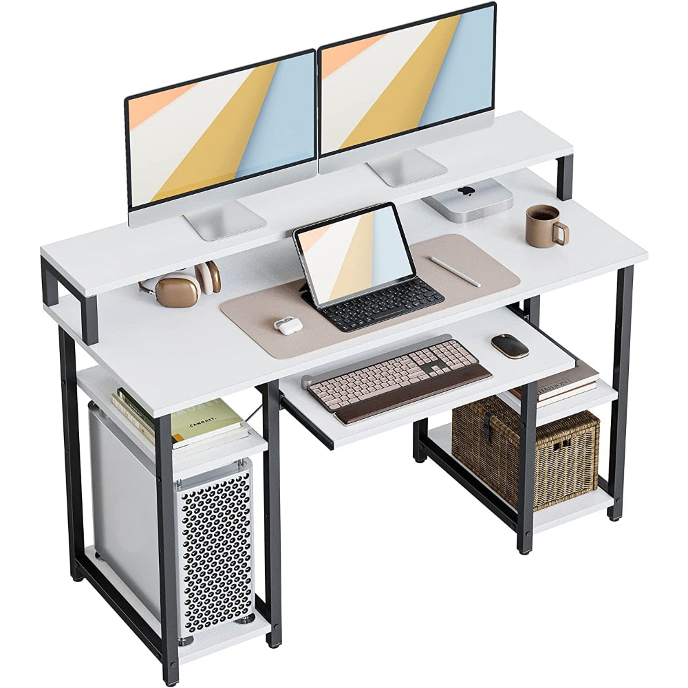 CubiCubi 47 Inch Computer Desk with Storage Shelves Monitor Stand Keyboard Tray, Home Office Desk, Study Writing Table, White