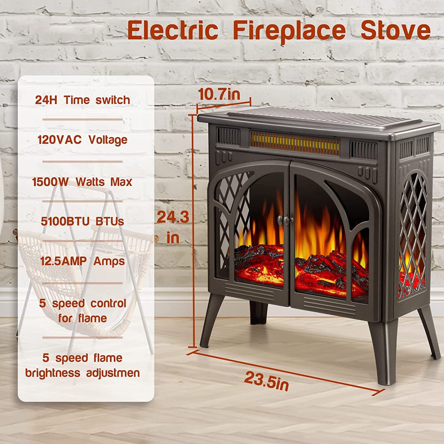 AGLUCKY Electric Fireplace Stove 3D Flame Effect Freestanding Heater Portable Electric Fireplace Heater Indoor Heater Remote