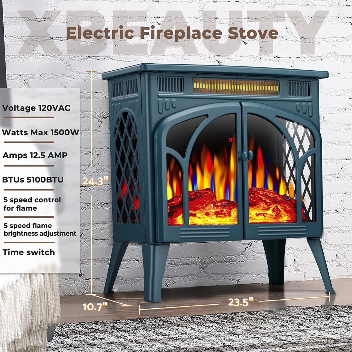 AGLUCKY Electric Fireplace Stove 3D Flame Effect Freestanding Heater Portable Electric Fireplace Heater Indoor Heater Remote