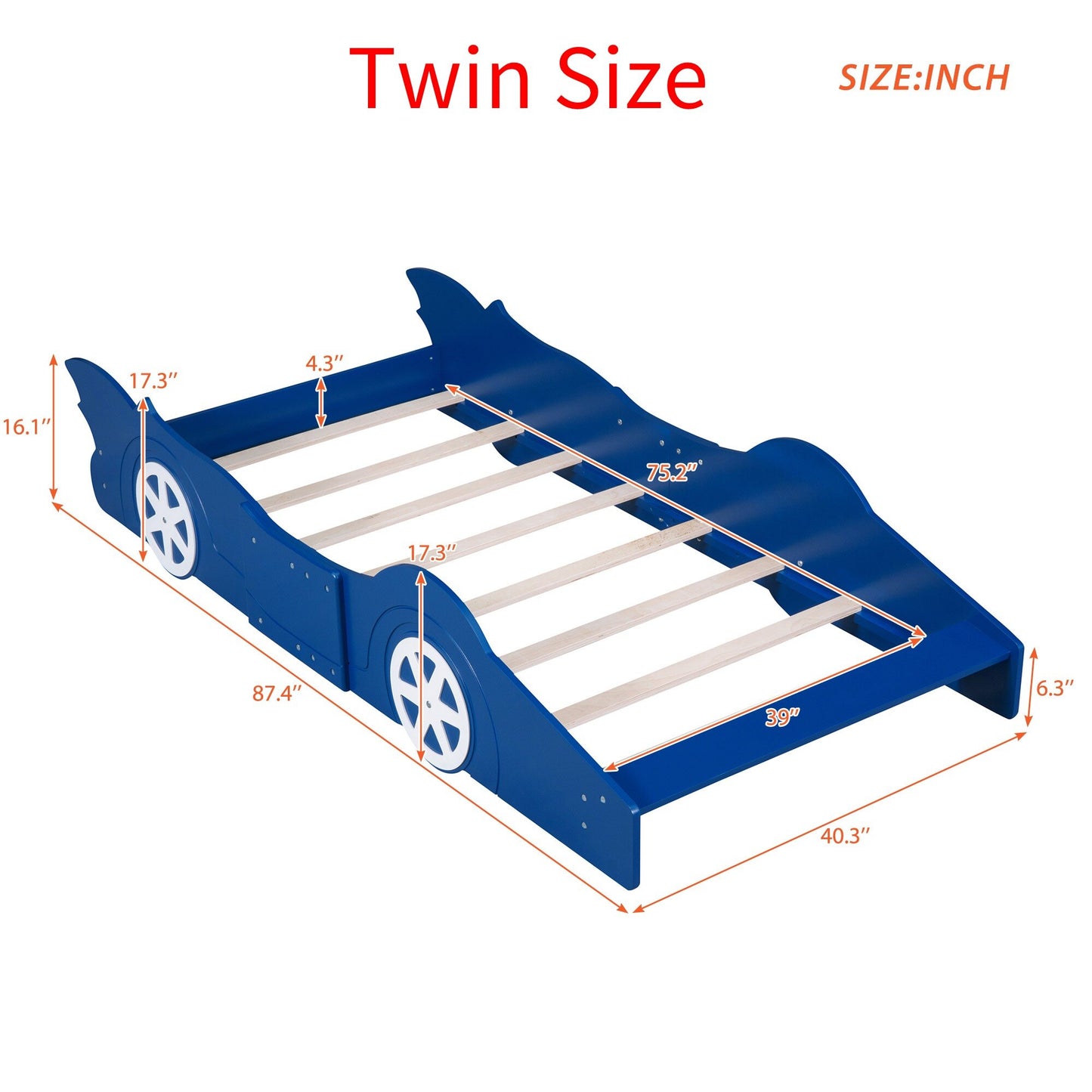 [Flash Sale]Full/Twin Size Race Car-Shaped Platform Bed with Wheels Red/Blue/Black[US-Stock]