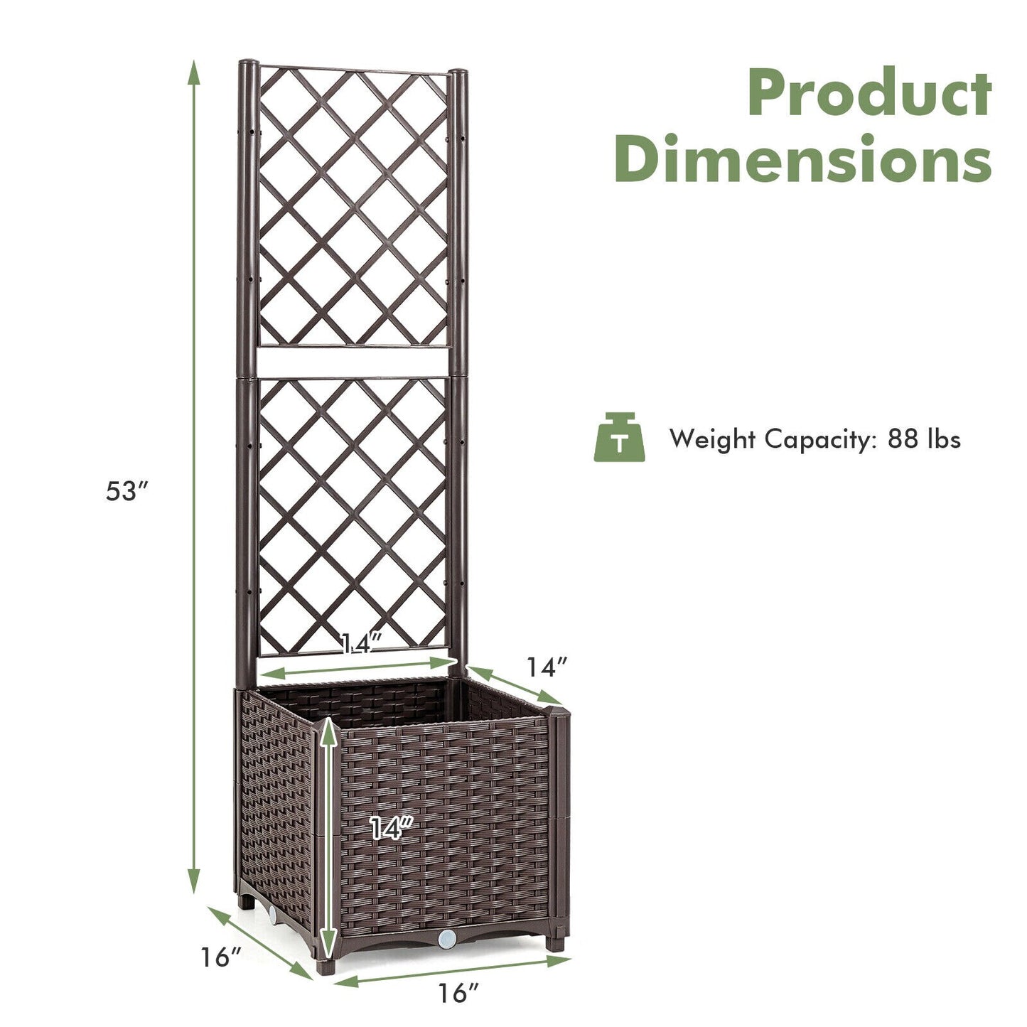 Patiojoy Raised Garden Bed w/Trellis Planter Box for Climbing Plants 16 x 16x 53