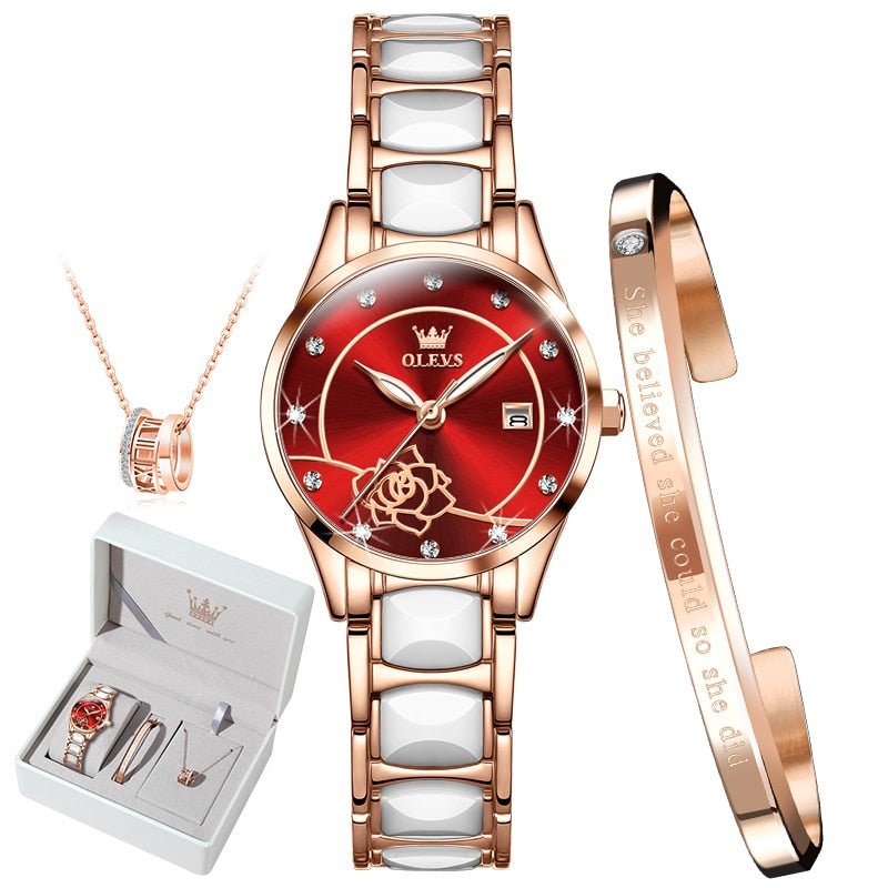 OLEVS Luxury Quartz Watch Women Japan Movement 28MM Dial Elegant Ceramics Wateproof Women Wristwatches Gift for Valentines Day