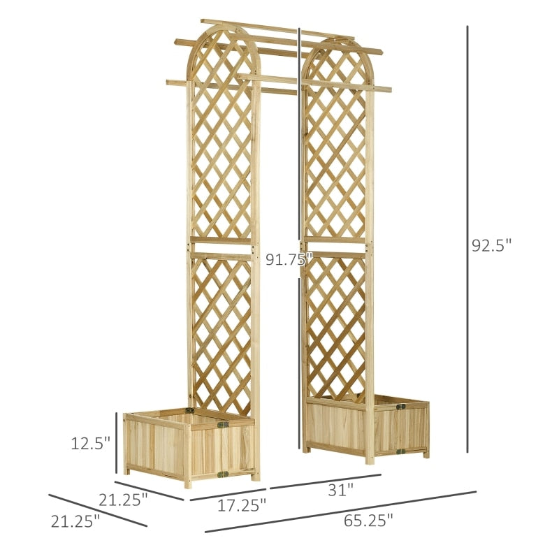 7.5FT Garden Arch Trellis w/ Foldeable Planter Boxes for Climbing Vines, Wooden Garden Arbor for Ceremony Party Weddings,Natural