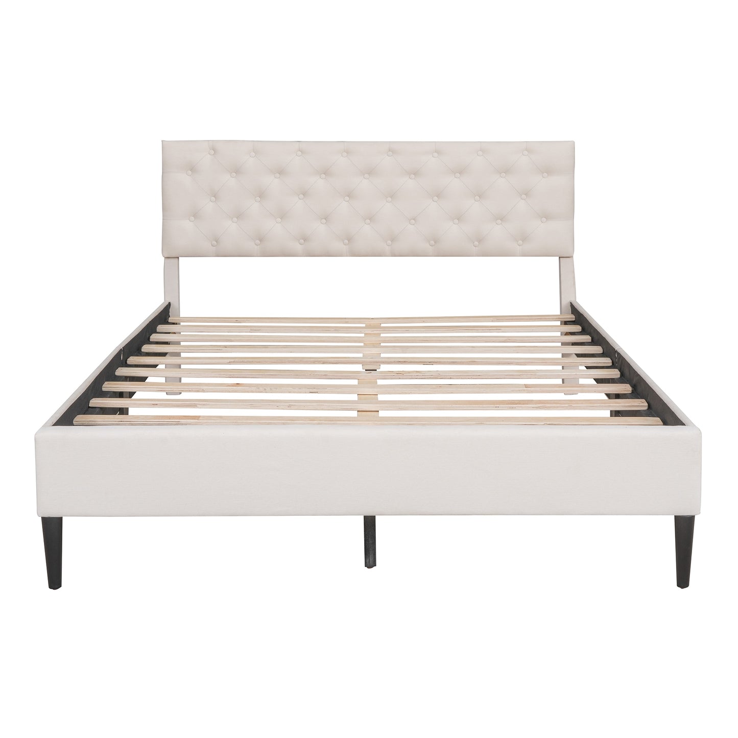 Upholstered Linen Platform Bed Frame with Button Tufted Headboard, Strong Wood Slat Support, Mattress Foundation