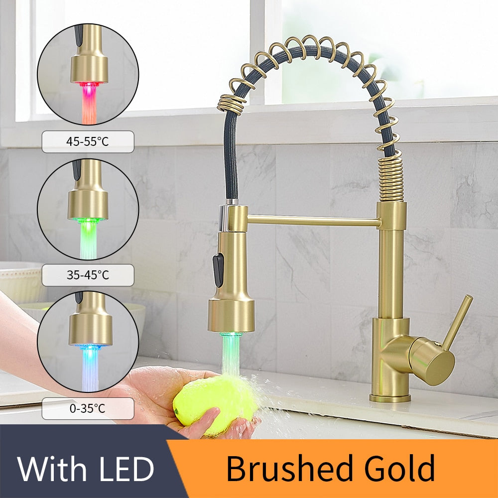 Kitchen Faucets Brush Brass Faucets for Kitchen Sink  Single Lever Pull Out Spring Spout Mixers Tap Hot Cold Water Crane 9009