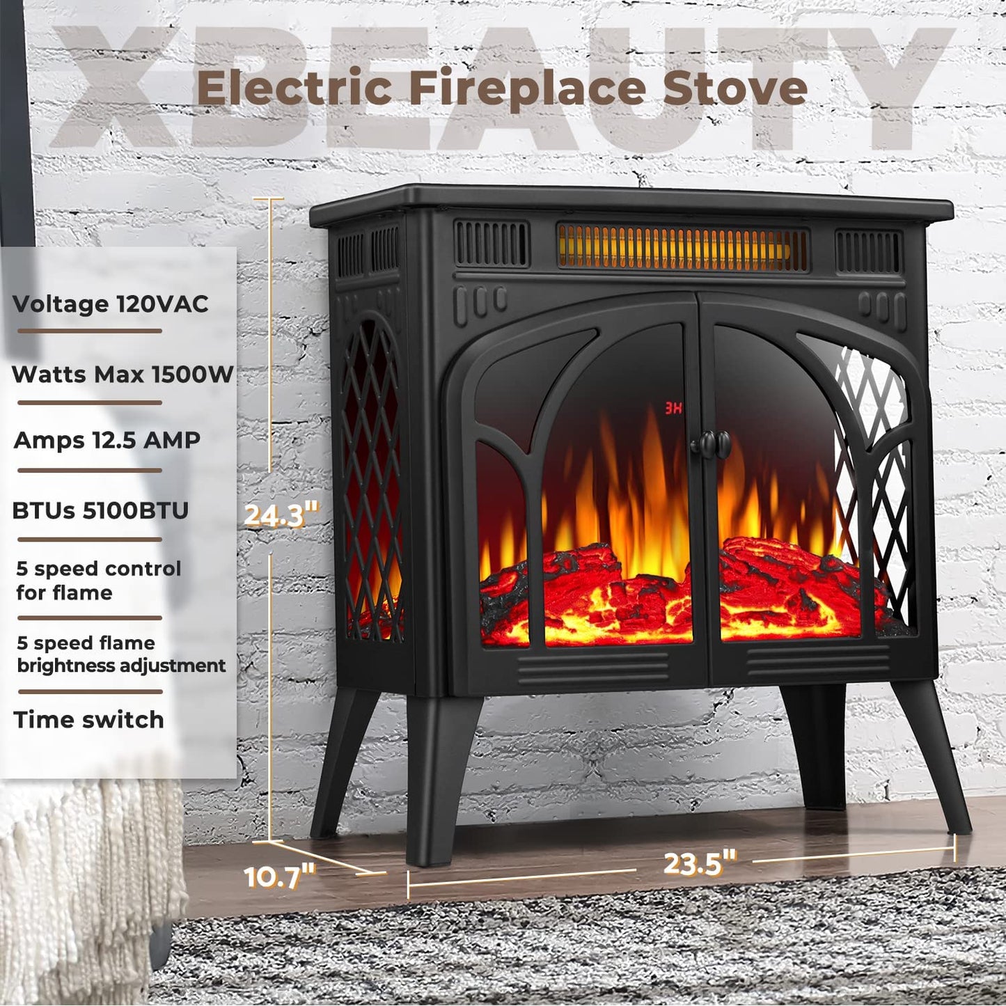 AGLUCKY Electric Fireplace Stove 3D Flame Effect Freestanding Heater Portable Electric Fireplace Heater Indoor Heater Remote