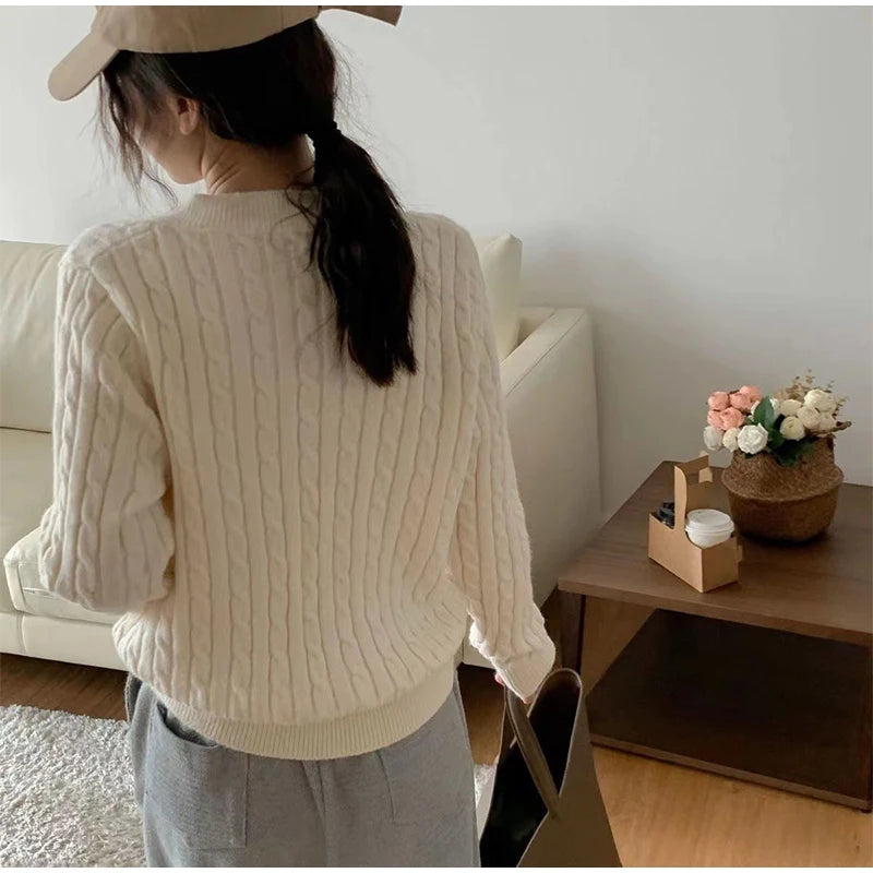 Chic Casual Cropped Pullovers Lady Sweater V-neck Slim Solid Women Jumper Fall Winter All Match Long Sleeve Twist Knitted Top