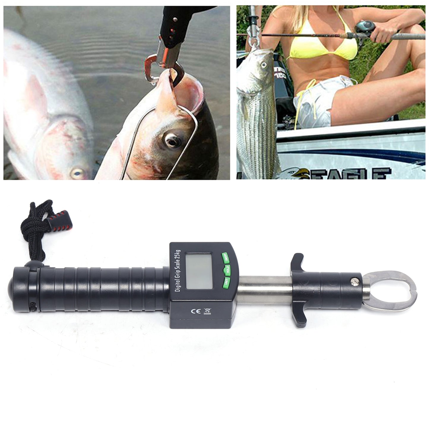 Fish Lip Grip Digital Fishing Scale 50 Lb Cap 1 Meter Tape Measure Temp Display