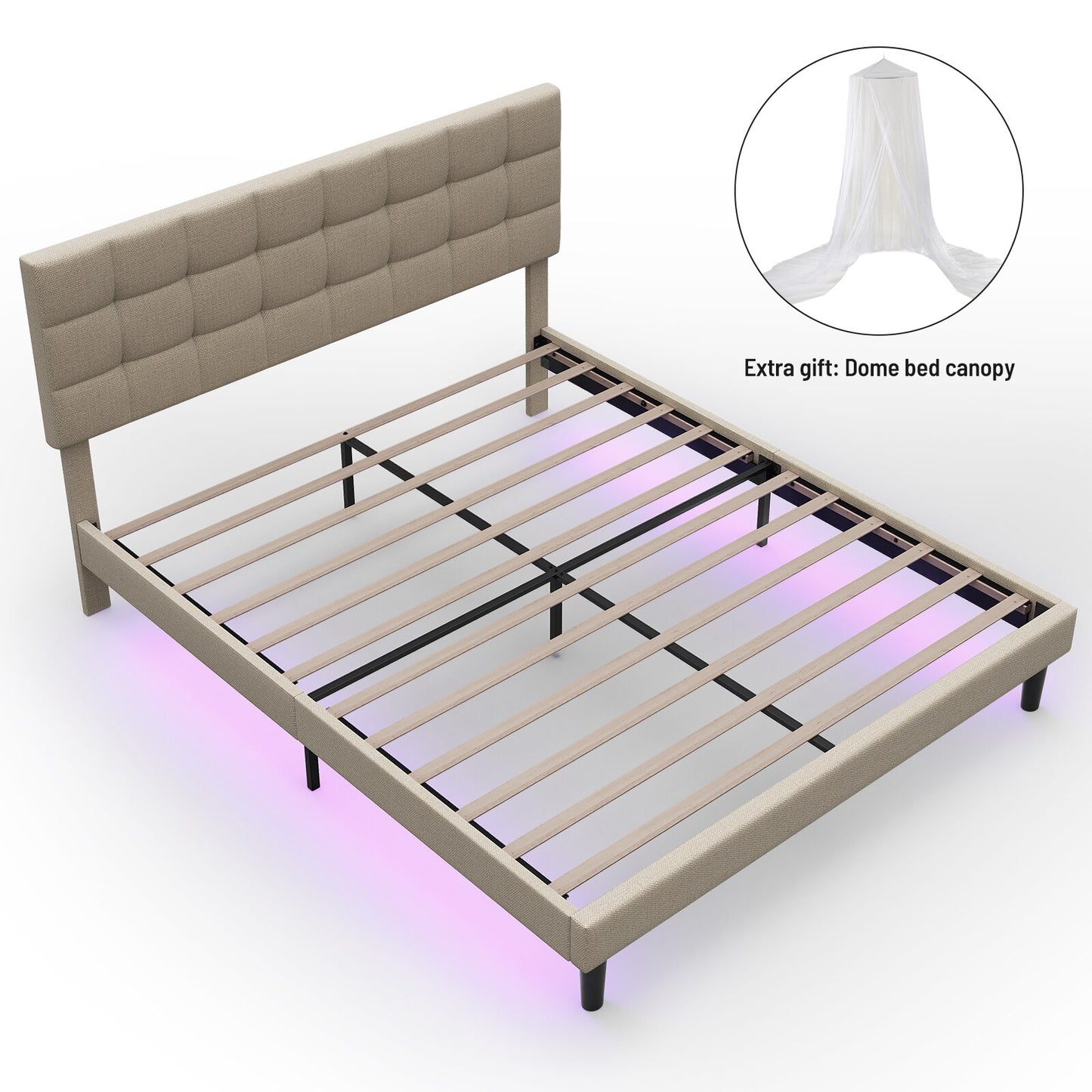 Queen Size Upholstered Platform Bed Linen Bed Frame with Lights Square Stitched Adjustable Headboard Strong Bed Slats System