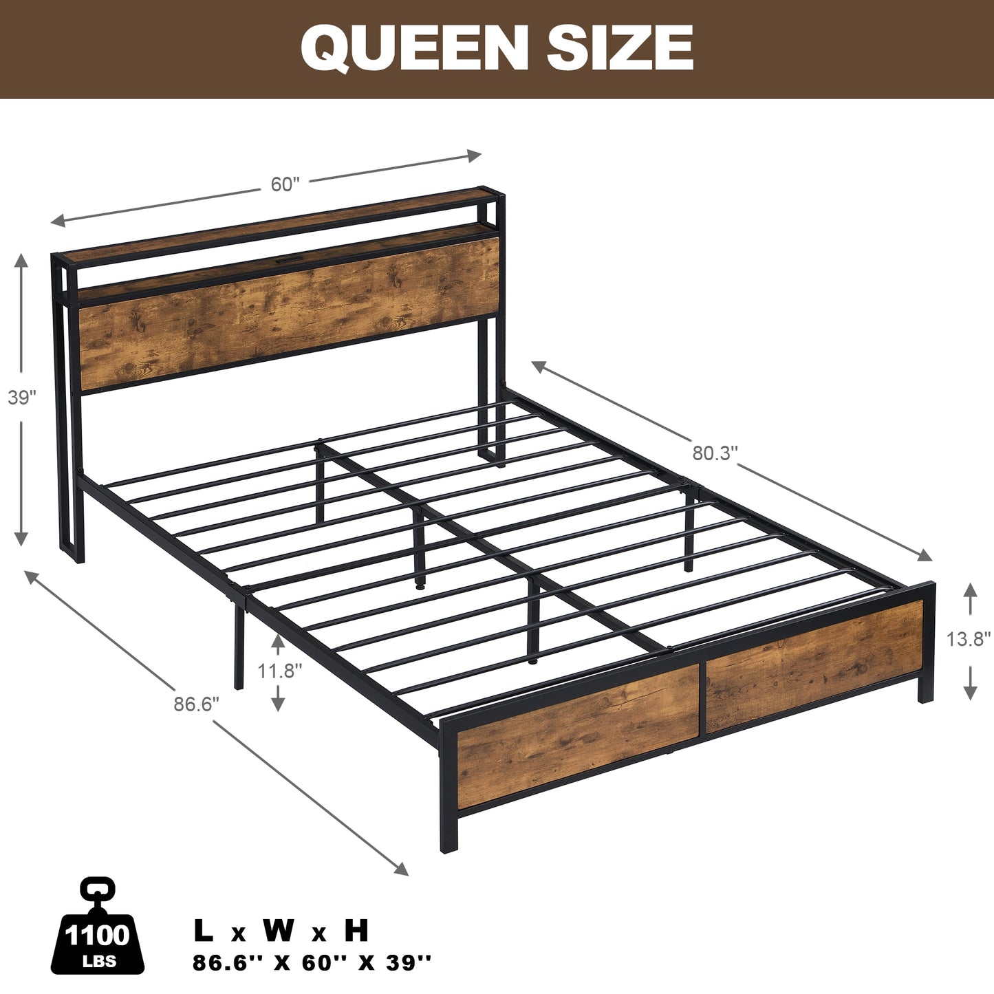 Queen/Full Size Industrial Bed Frame Noise Free with LED Lights&2 USB Ports& Storage No Box Spring Needed Rustic Brown