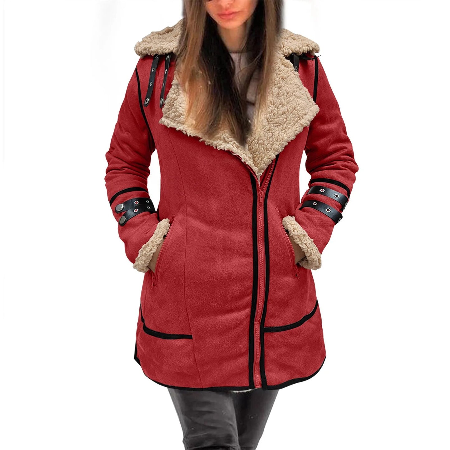 Autumn Winter Coat Lapel Collar Long Sleeve Padded Leather Jackets For Women Plus Size Thicken Coat Sheepskin Jacket